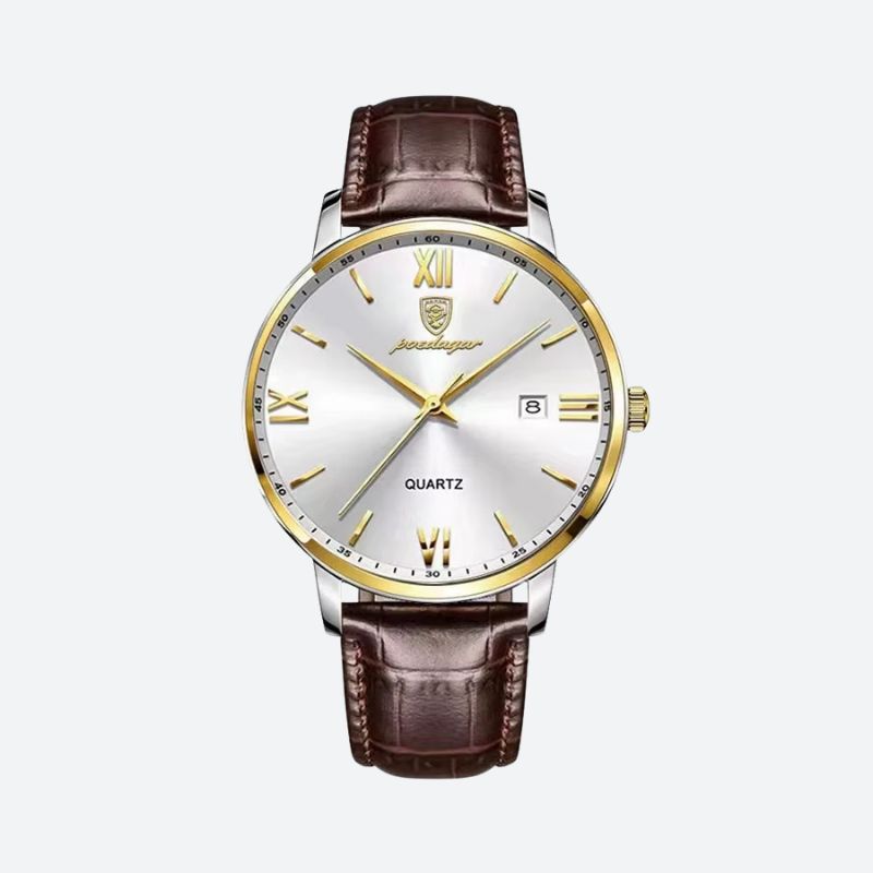 Men's Leather Watch, Waterproof Quartz Crystal