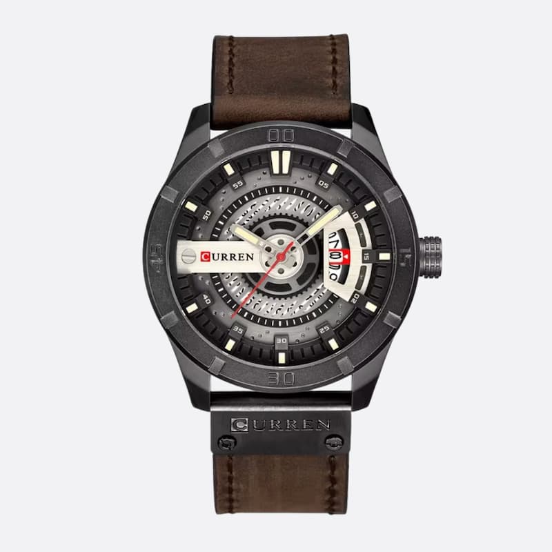 Men's Military Quartz Watch, 45mm, Waterproof, with Leather Strap