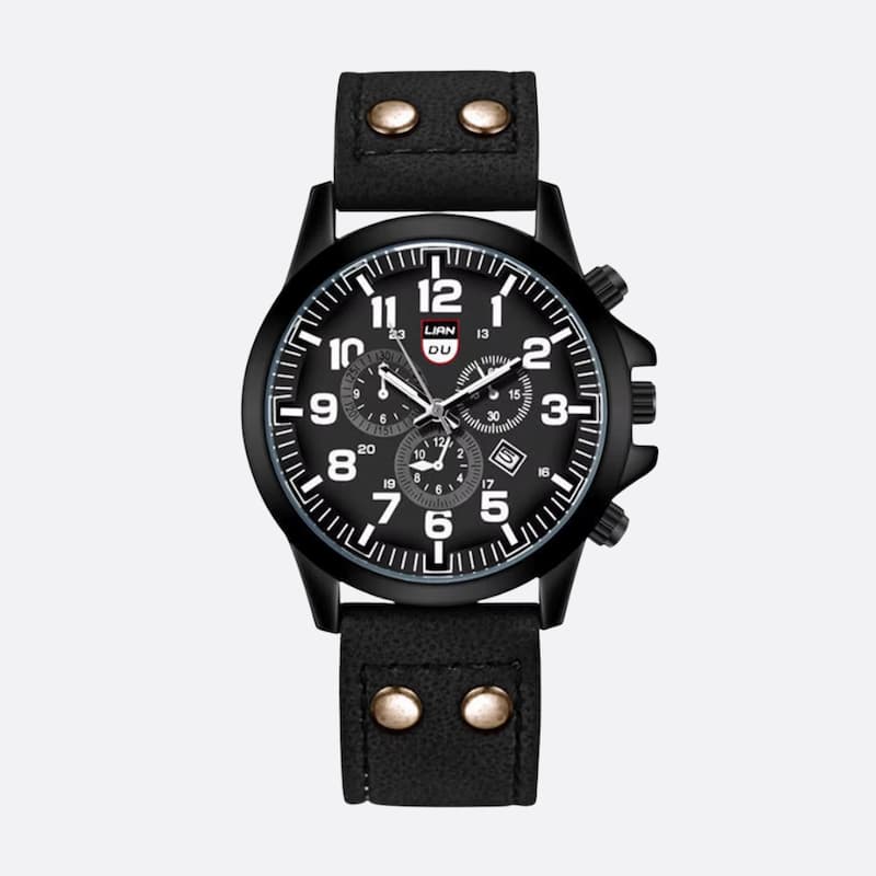 Men's Military Quartz Watch with Leather Strap