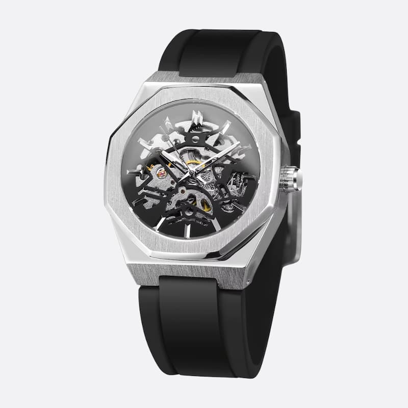 Men's Octagonal Skeleton Mechanical Watch in Stainless Steel
