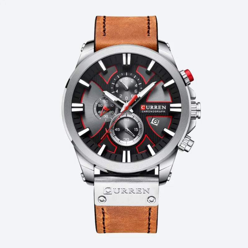 Men's Quartz Chronograph Watch, Large Case, Leather Strap