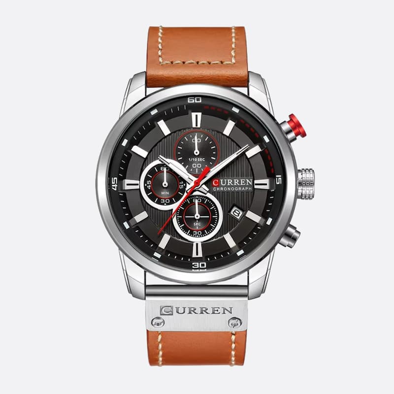 Men's Quartz Chronograph Watch, Waterproof with Leather Strap