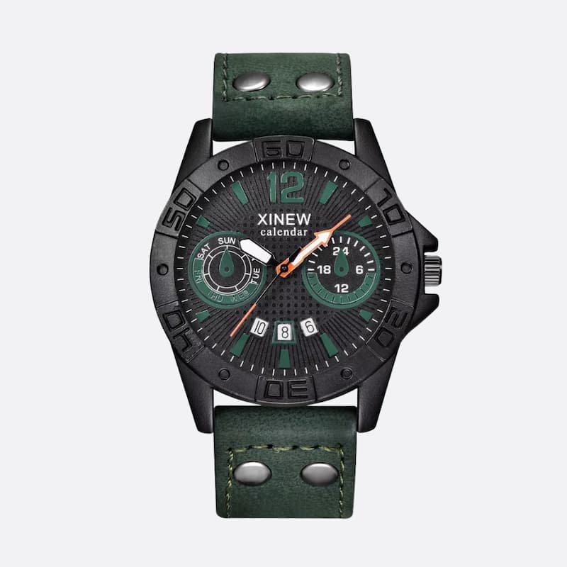 Men's Quartz Military Watch with Leather Strap