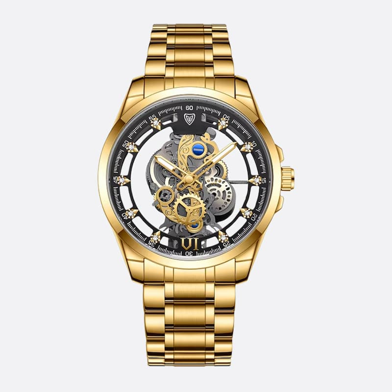 Men's Skeleton Watch in Gold-Tone Steel, Luminous Quartz