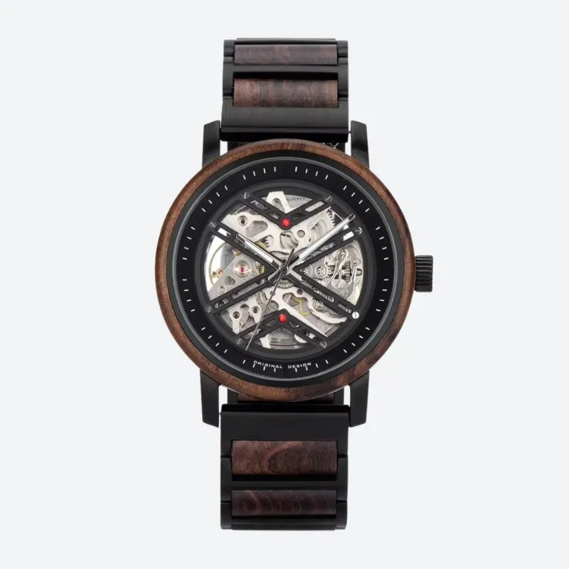 Men's Skeleton Watch in Steel and Wood, Mechanical Movement