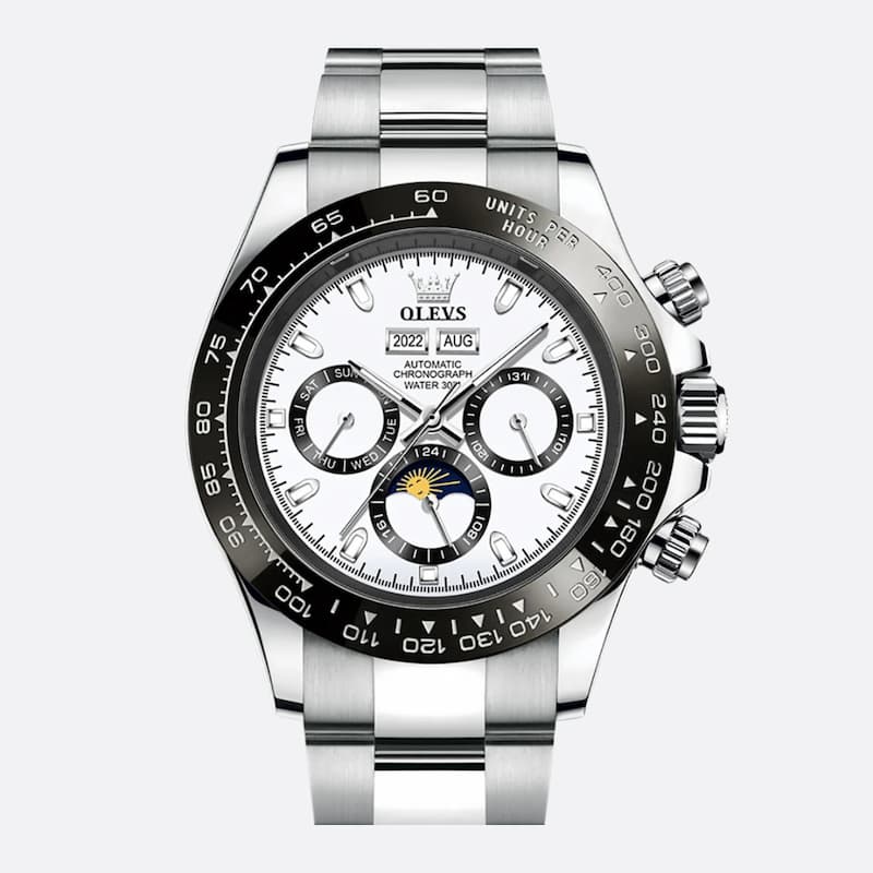 Men's Stainless Steel Chronograph Watch with Moon Phase