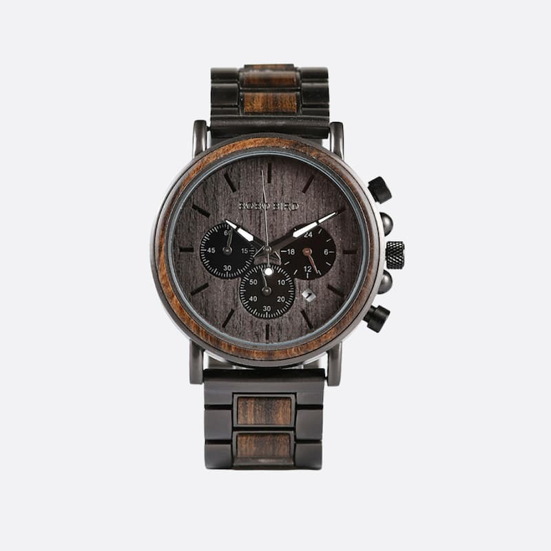 Men's Wooden Chronograph and Steel Watch, Sport Function