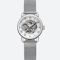 Women's Automatic Watch with Steel Mesh Bracelet & Openwork Dial in Silver on a Grey Background