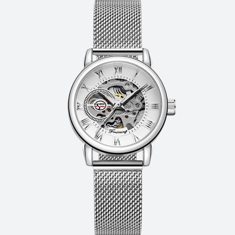 Women's Automatic Watch with Steel Mesh Bracelet & Openwork Dial in Silver on a Grey Background