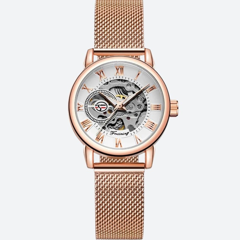Women's Automatic Watch with Steel Mesh Bracelet & Openwork Dial in Pink on a Grey Background