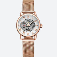 Women's Automatic Watch with Steel Mesh Bracelet & Openwork Dial in Pink on a Grey Background
