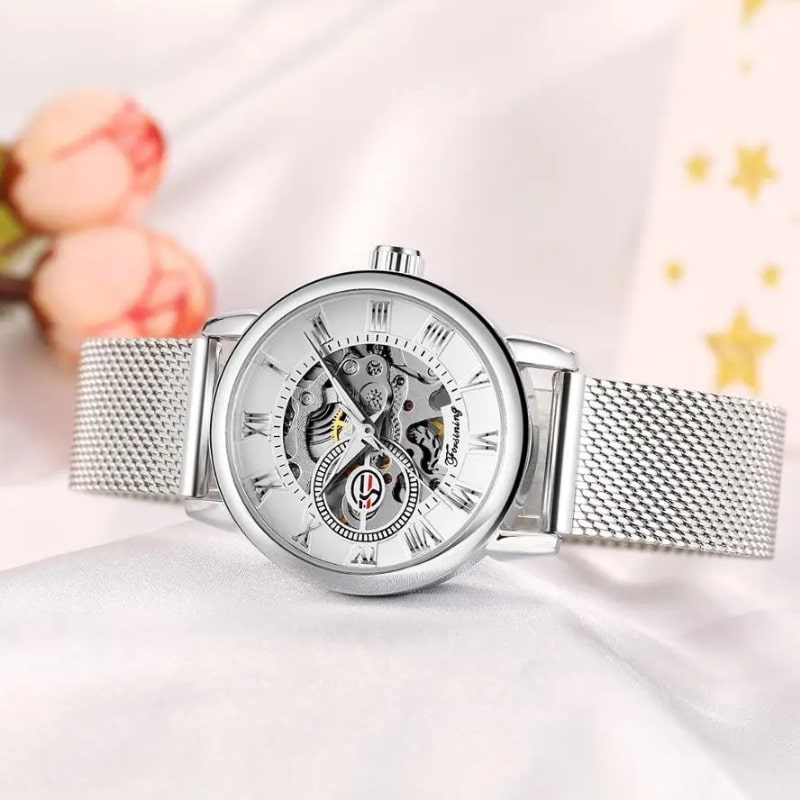 Women's Automatic Watch with Steel Mesh Bracelet & Openwork Dial