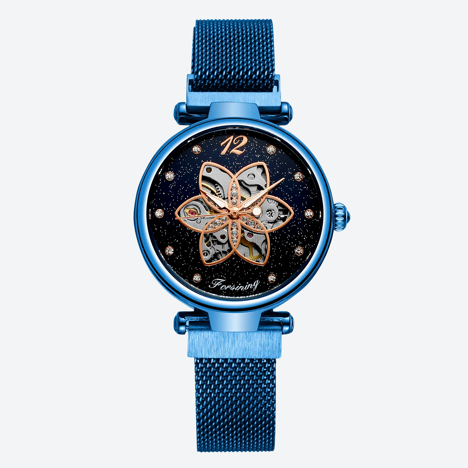 Women's Automatic Watch with Floral Skeleton and Chic Milanese Mesh