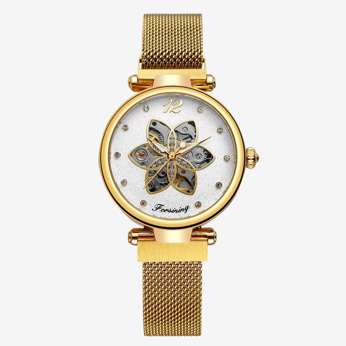 Women's Automatic Watch with Floral Skeleton and Chic Milanese Mesh