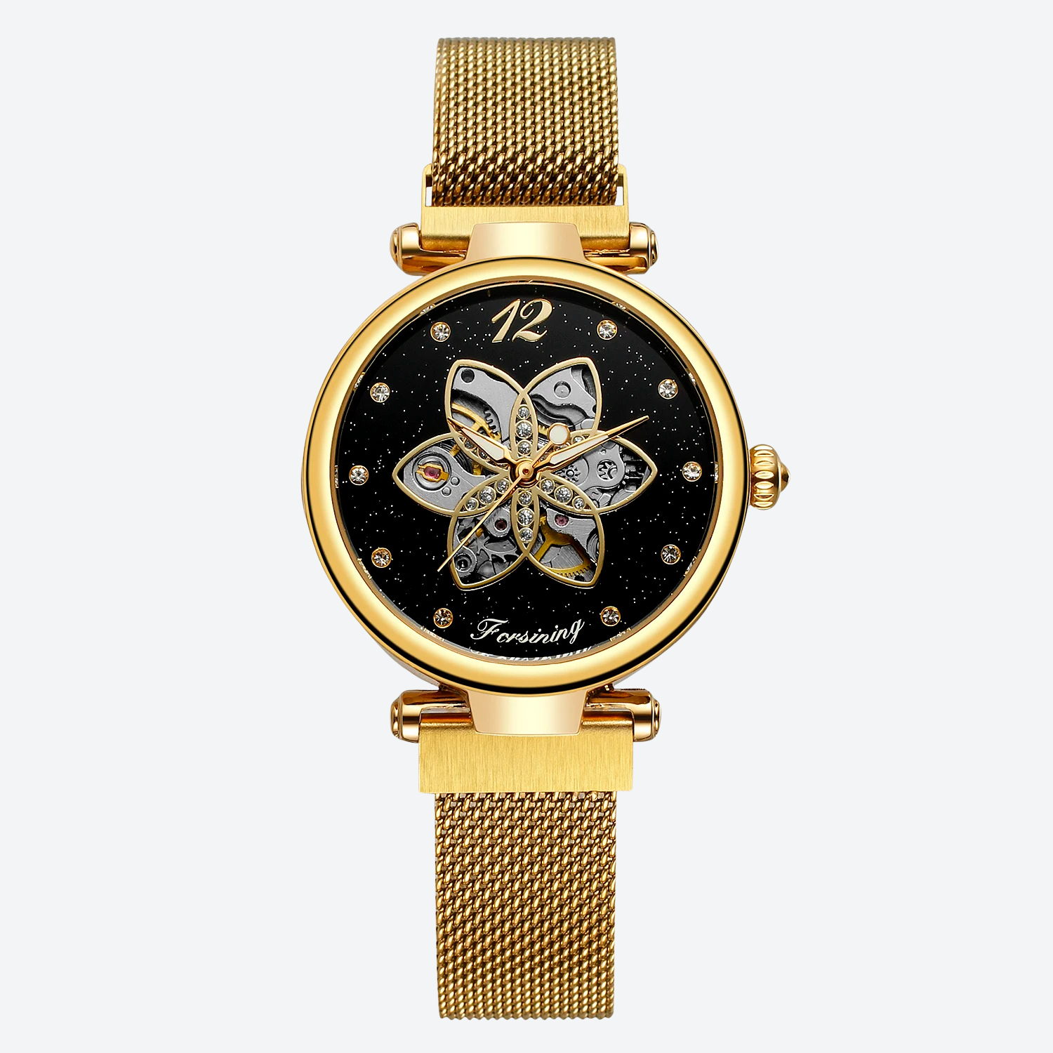 Women's Automatic Watch with Floral Skeleton and Chic Milanese Mesh