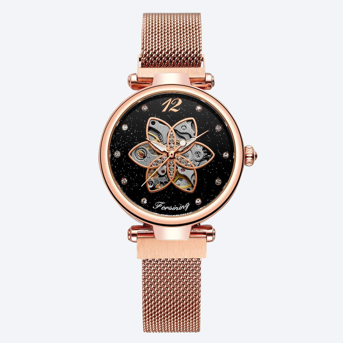 Women's Automatic Watch with Floral Skeleton and Chic Milanese Mesh