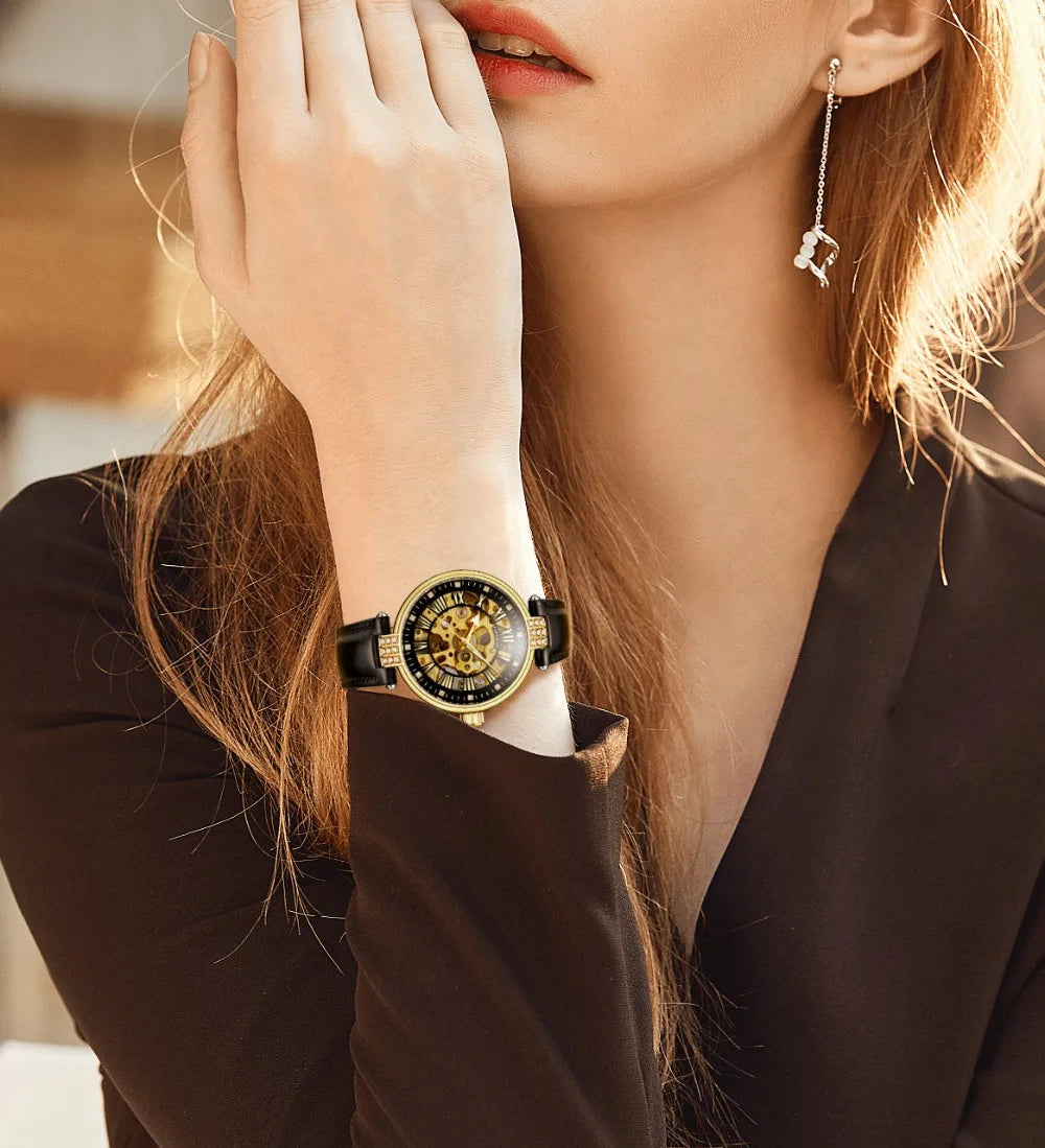 Women's Automatic Watch, Leather, Diamond, Skeleton, Prestige Style