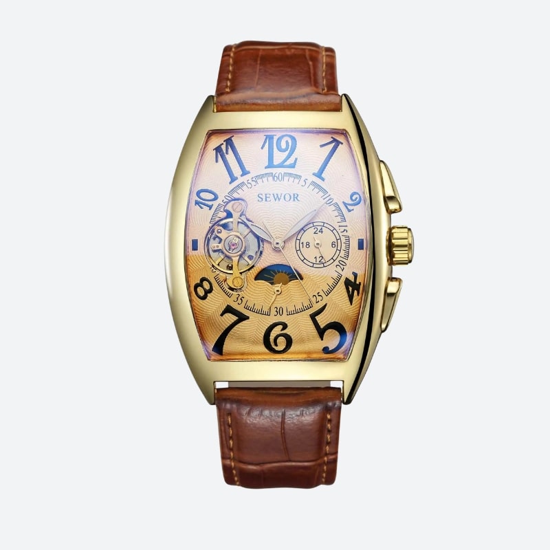 Women's Automatic Watch with Skeleton Dial & Moon Phase on a Grey Background with Gold Dial