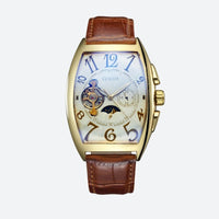 Women's Automatic Watch with Skeleton Dial & Moon Phase on a Grey Background with White Dial