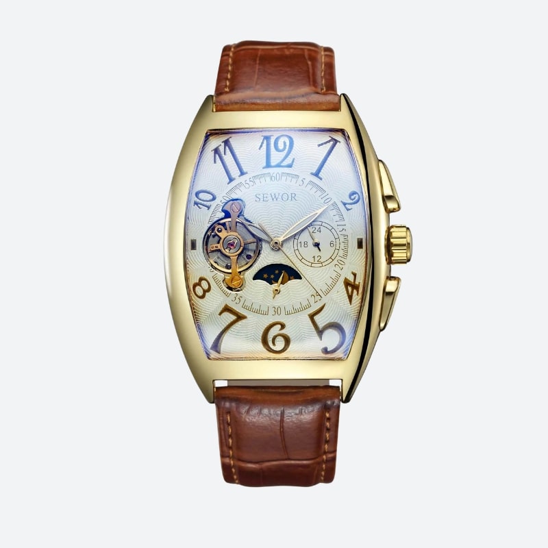 Women's Automatic Watch with Skeleton Dial & Moon Phase on a Grey Background with White Dial