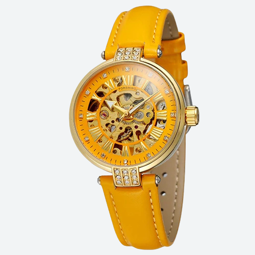 Women's Automatic Watch, Leather, Diamond, Skeleton, Prestige Style