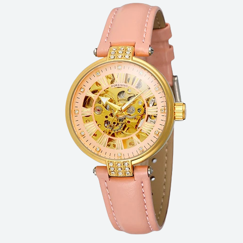 Women's Automatic Watch, Leather, Diamond, Skeleton, Prestige Style