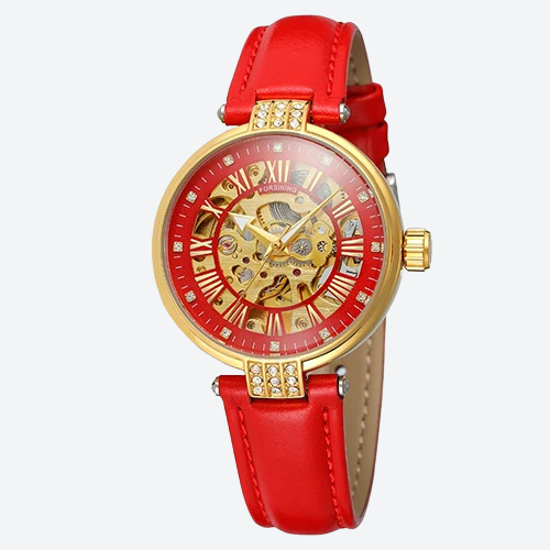 Women's Automatic Watch, Leather, Diamond, Skeleton, Prestige Style