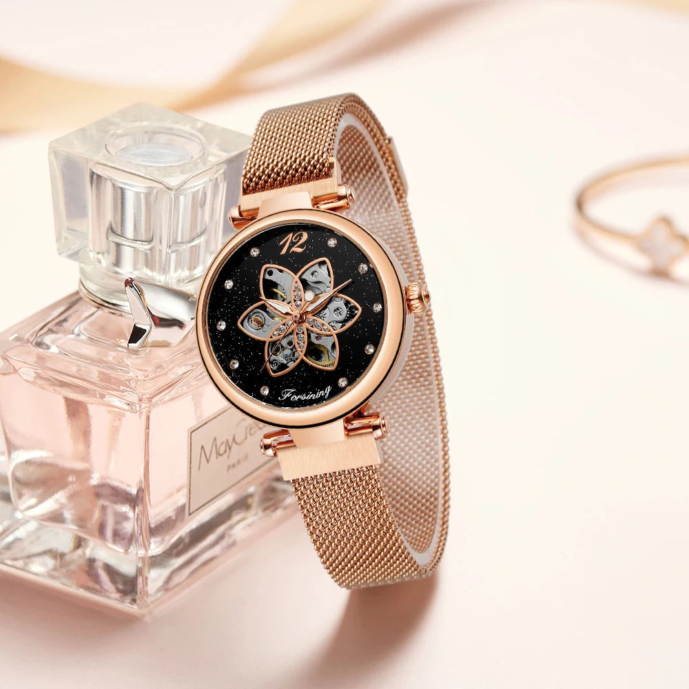 Women's Automatic Watch with Floral Skeleton and Chic Milanese Mesh