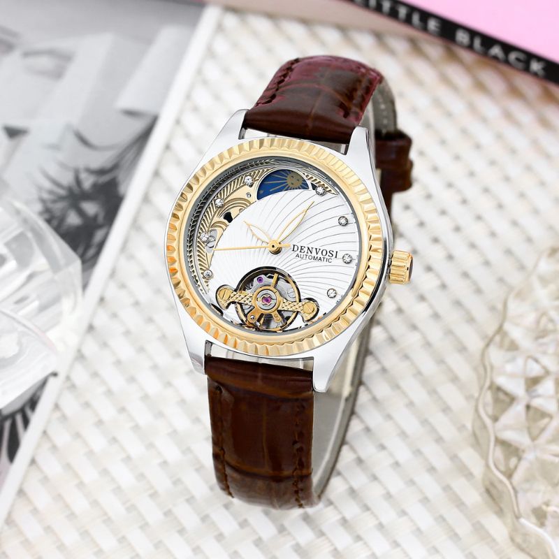 Women's Automatic Skeleton Watch with Brown Leather Strap