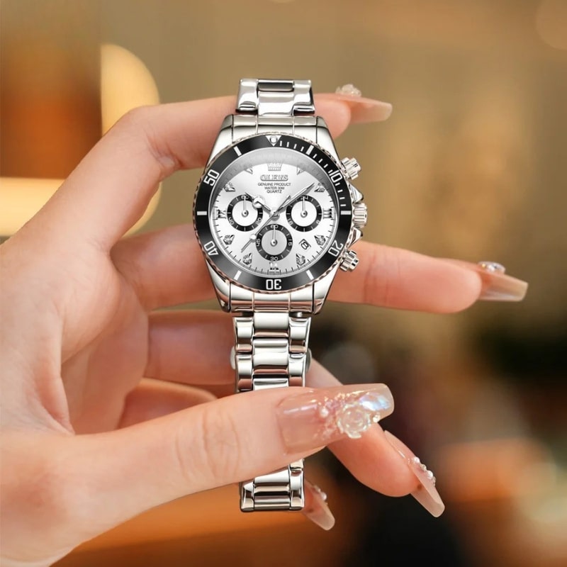 Women's Silver Chronograph Watch with Black Bezel, 35mm