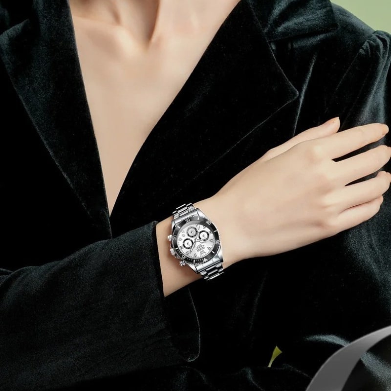 Women's Silver Chronograph Watch with Black Bezel, 35mm
