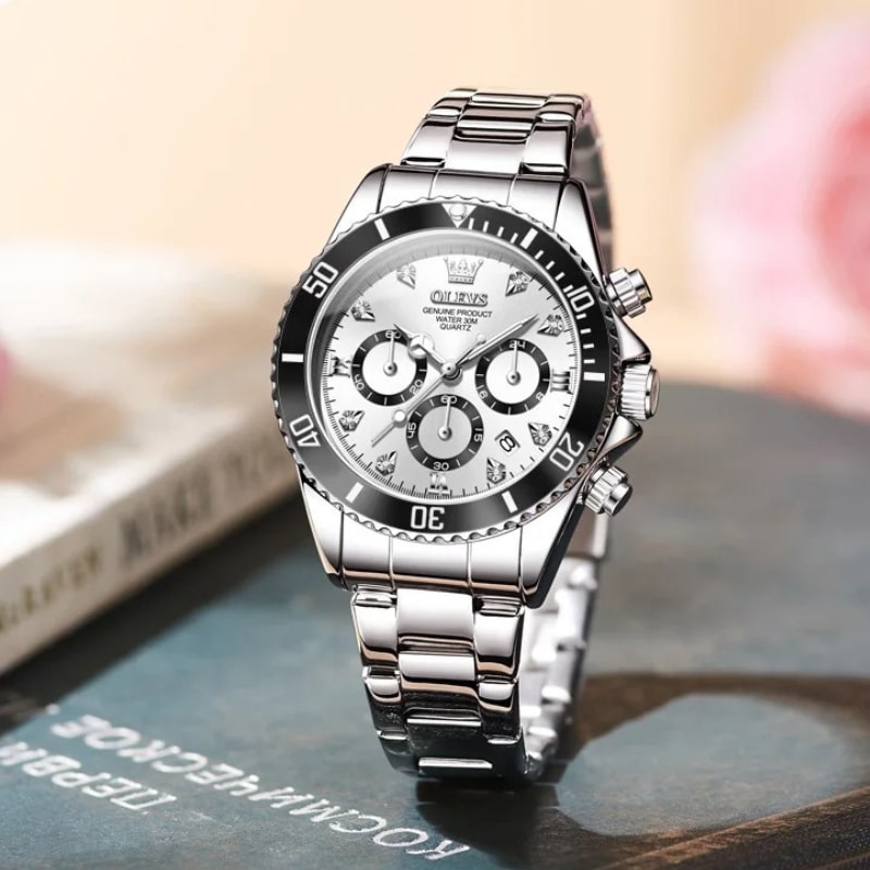 Women's Silver Chronograph Watch with Black Bezel, 35mm