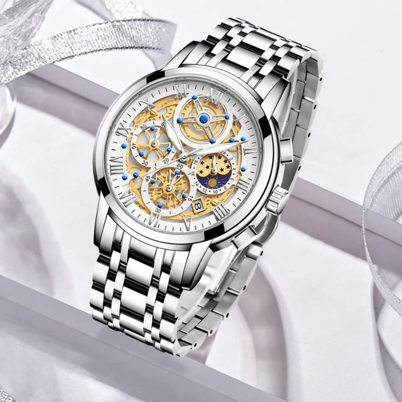 Women's Chronograph Watch with Textured Dial & Metal Bracelet