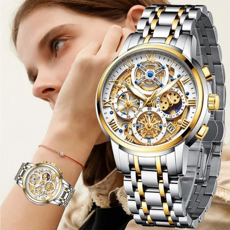 Women's Chronograph Watch with Textured Dial & Metal Bracelet