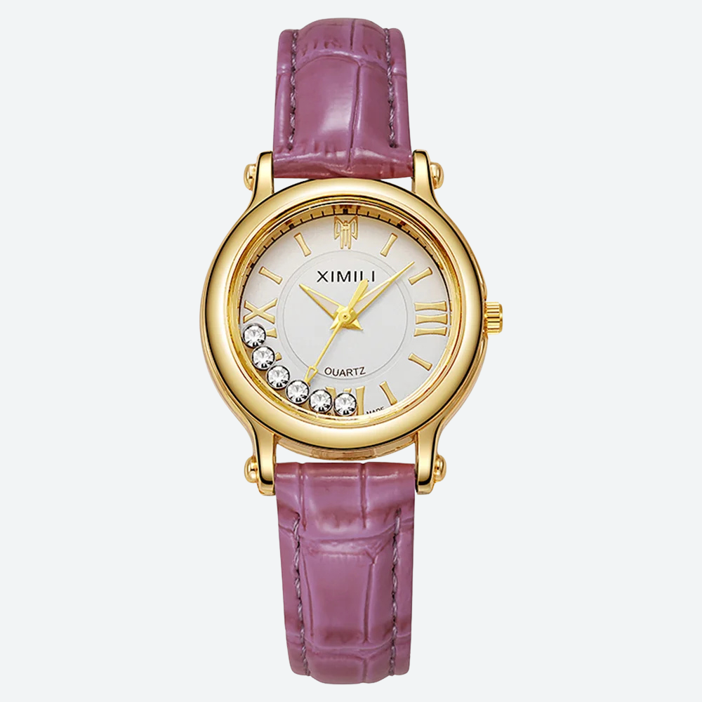 Quartz Watch for Women, Leather Strap, Gold-Tone Dial, Elegant Style