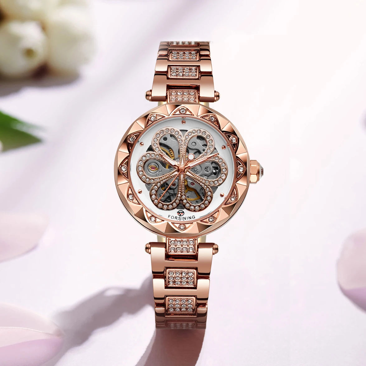 Women's Mechanical Watch with Skeleton and Diamond Design, Gold Finish