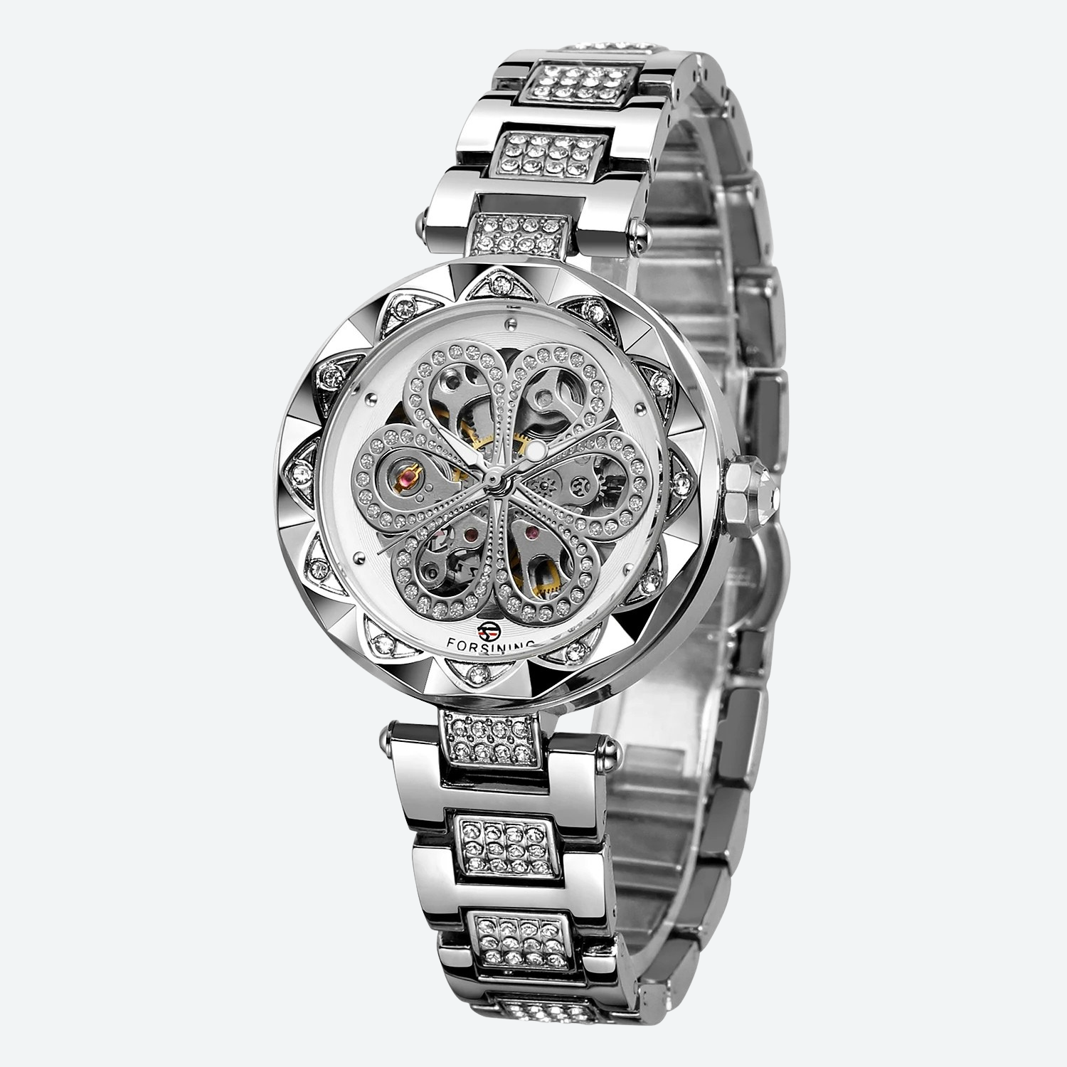 Women's Mechanical Watch with Skeleton and Diamond Design, Gold Finish