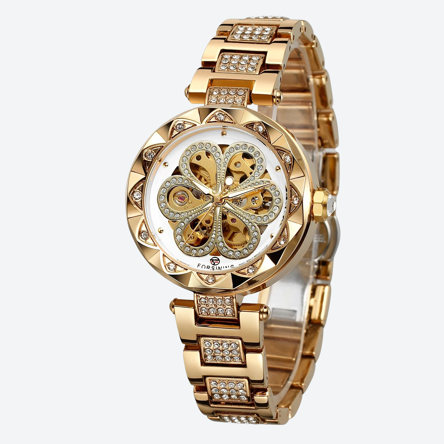 Women's Mechanical Watch with Skeleton and Diamond Design, Gold Finish