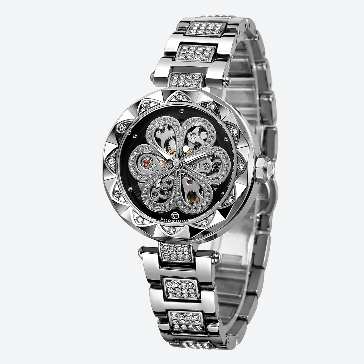 Women's Mechanical Watch with Skeleton and Diamond Design, Gold Finish