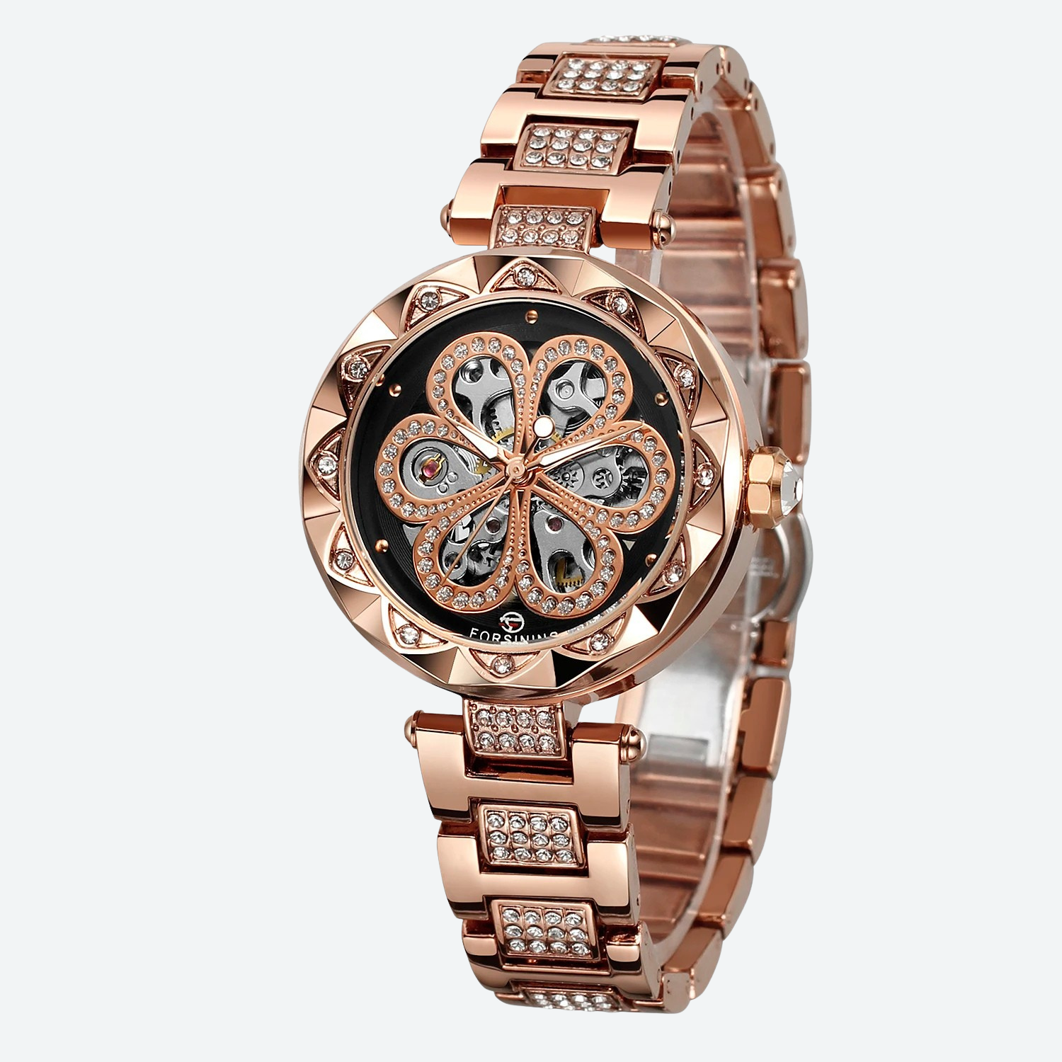 Women's Mechanical Watch with Skeleton and Diamond Design, Gold Finish