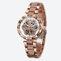 Women's Mechanical Watch with Skeleton and Diamond Design, Gold Finish