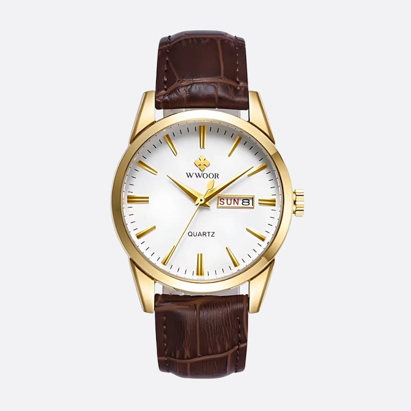 Vintage Men's Quartz Watch with Brown Leather Strap
