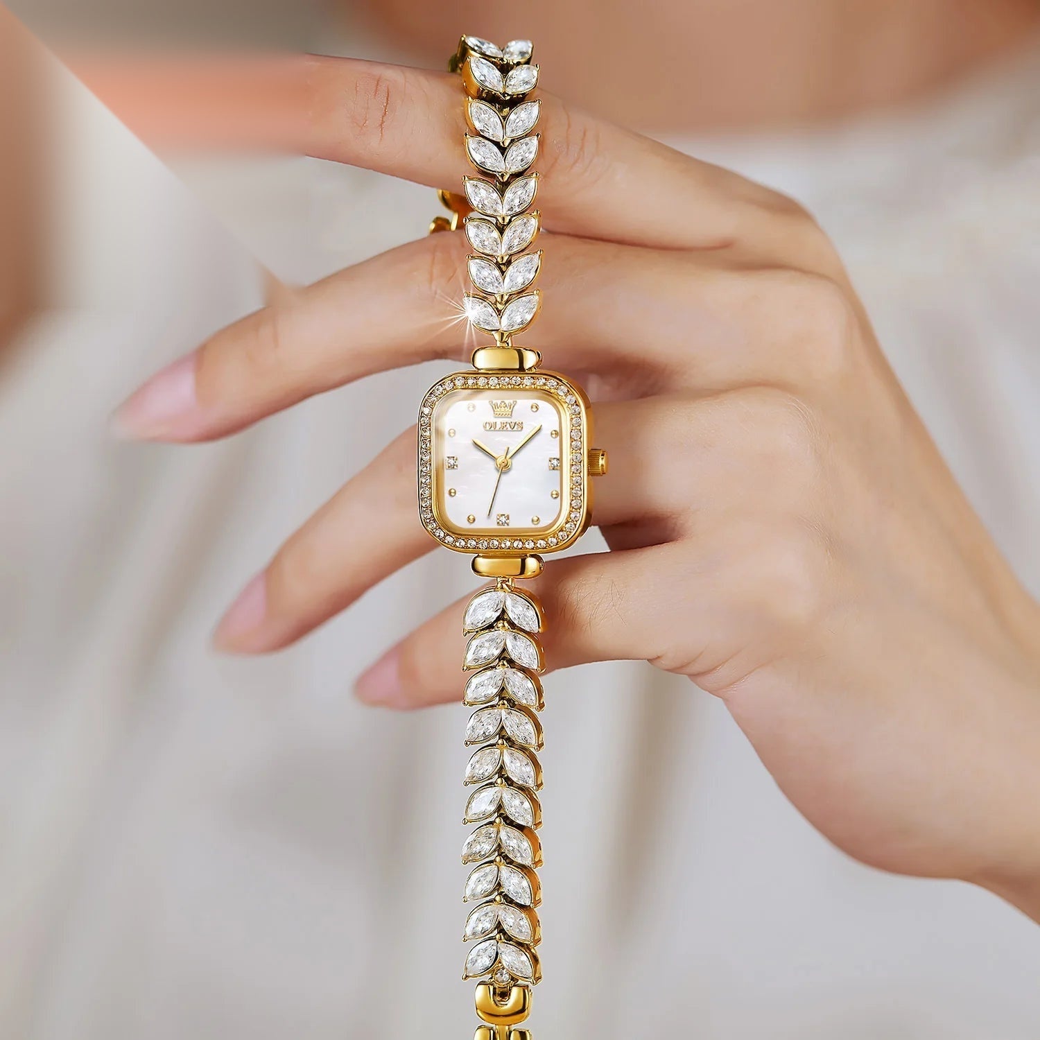 Vintage Women's Square Watch, Mother-of-Pearl and Rhinestone Dial