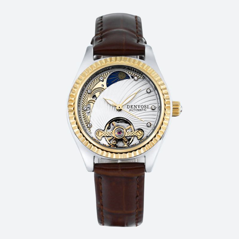 Women's Automatic Skeleton Watch with Brown Leather Strap