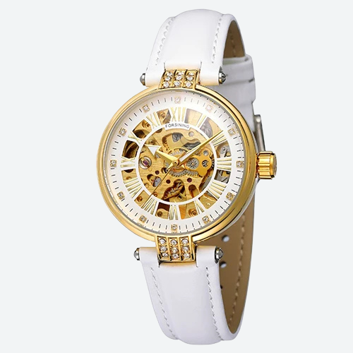 Women's Automatic Watch, Leather, Diamond, Skeleton, Prestige Style