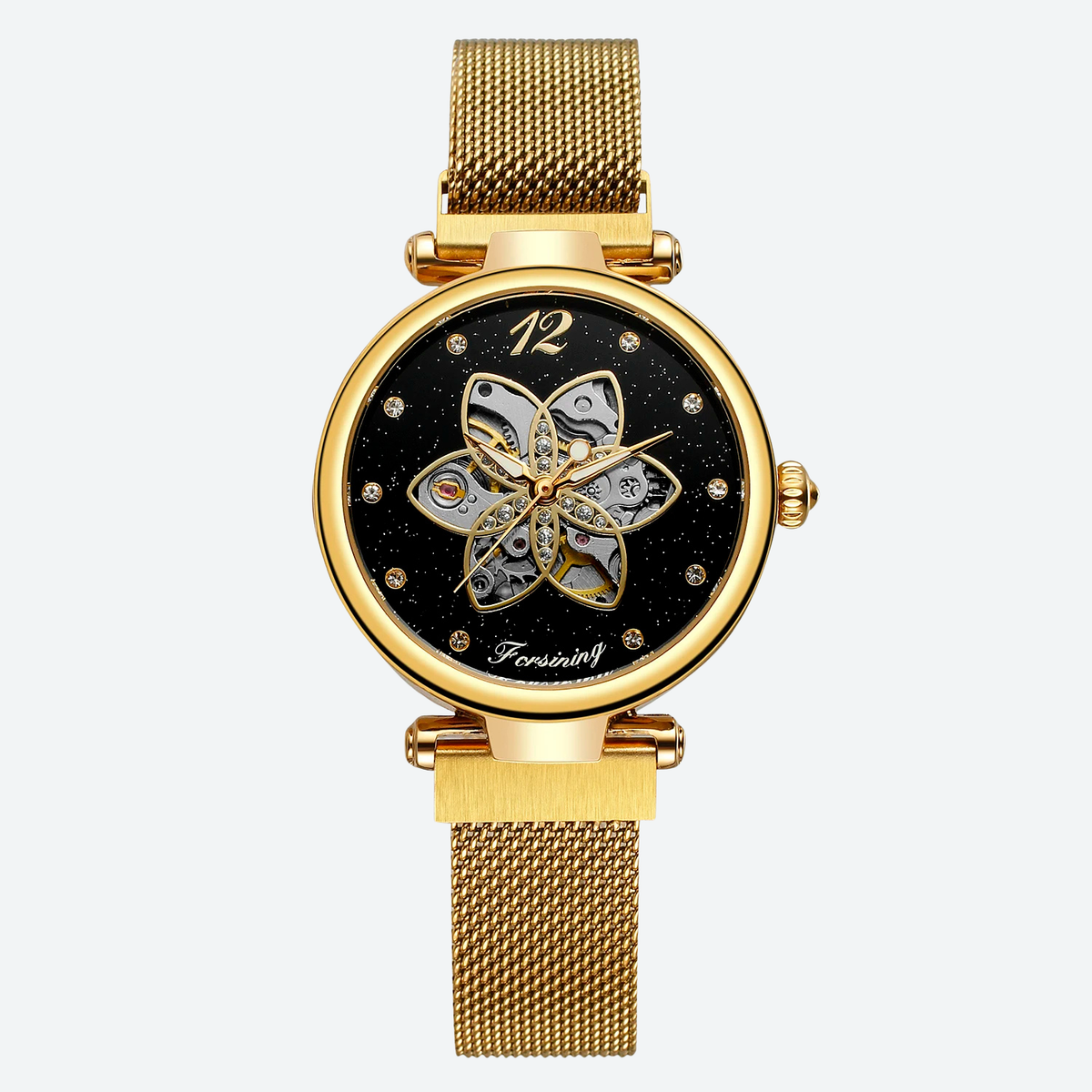 Women's Automatic Watch with Floral Skeleton and Chic Milanese Mesh