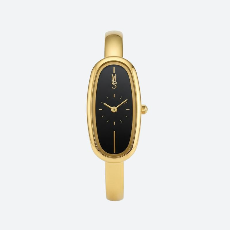 Women's Gold Bangle Watch with Oval Black Dial, Water Resistant