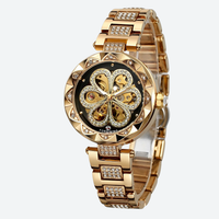 Women's Mechanical Watch with Skeleton and Diamond Design, Gold Finish