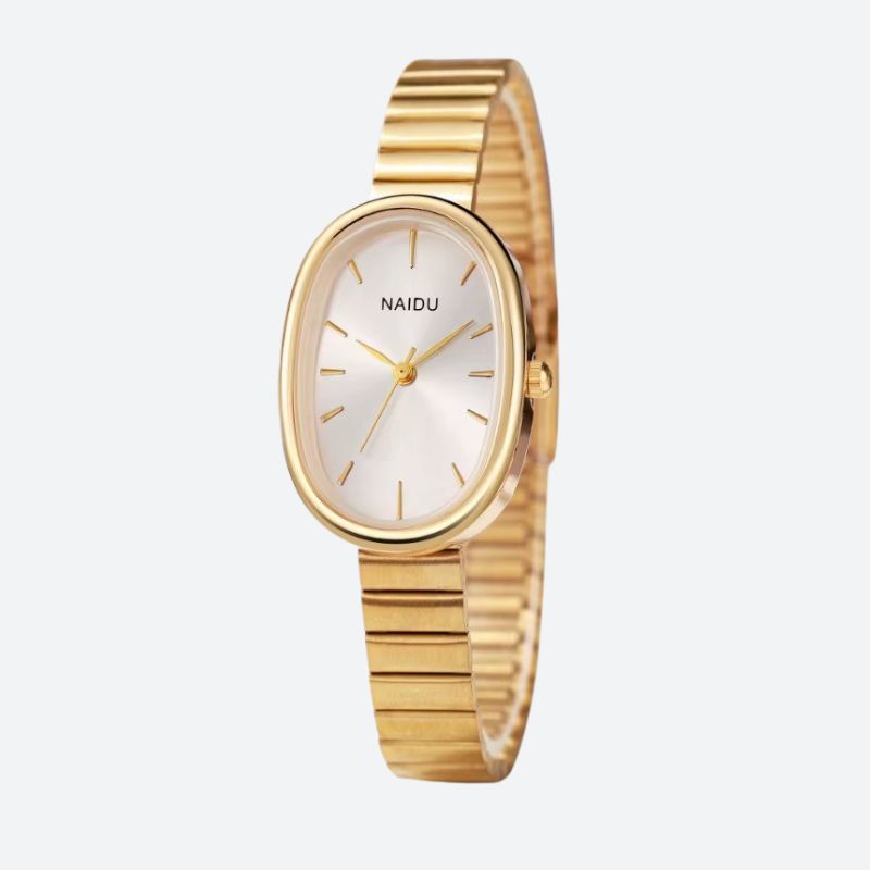 Women's Oval Gold Quartz Watch with Wide Minimalist Bracelet