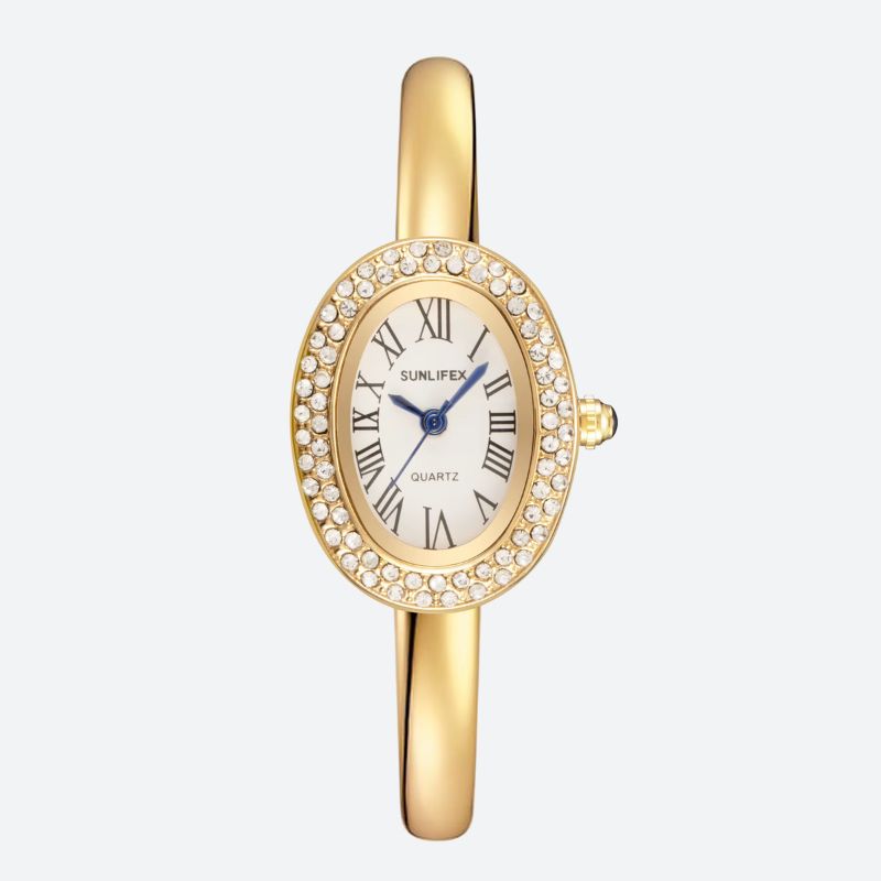 Women's Oval Gold Rhinestone Watch with Roman Numeral Dial, Quartz Movement